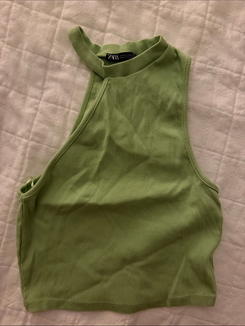 Zara Light Green Ribbed High-Neck Cutout Crop Top